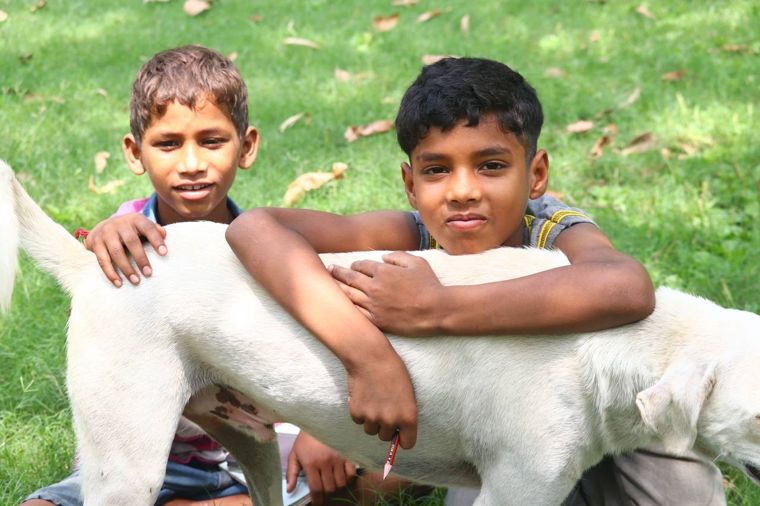 Children with a rescued street dog